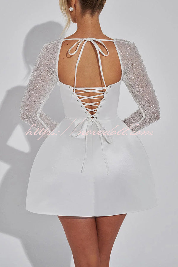 Like A Doll Sequin Long Sleeve Satin Pocketed Bubble Shape Mini Dress