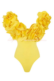 Solid Color 3D Flower Stretch One-piece Swimsuit