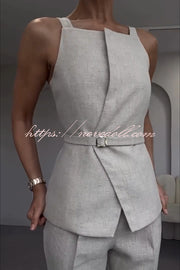 Tylah Linen Blend Square Neck Belted Vest and High Rise Pocket Loose Tapered Trousers Set