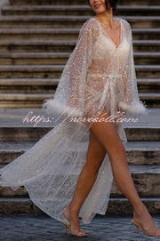Fashionable Sequined Feather Long-sleeved Vacation Loose Extra-long Sun Protection Cover-up