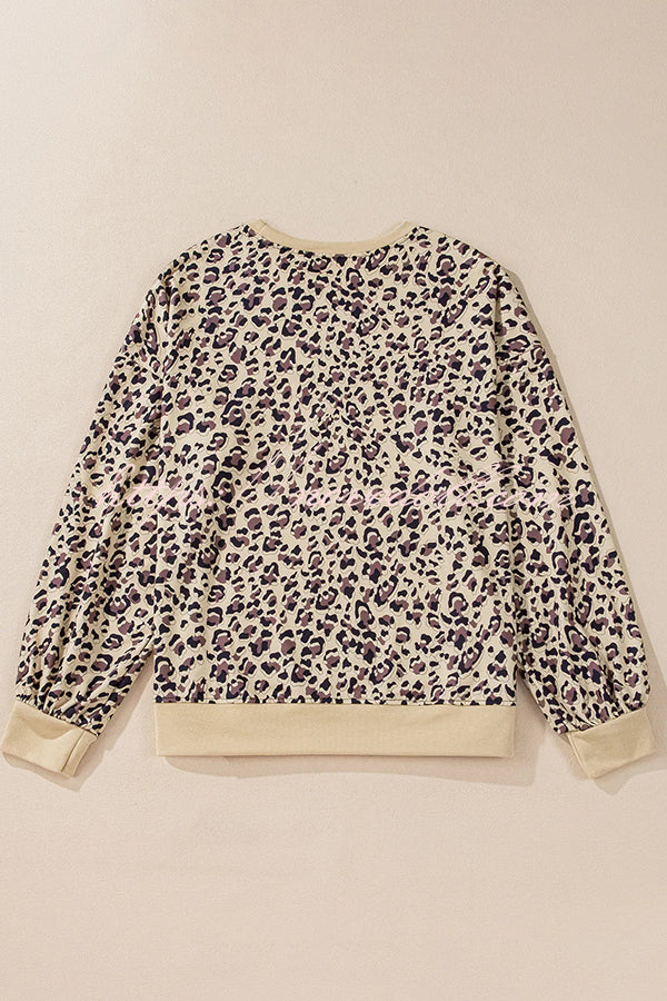 Leopard Print Crew Neck Patchwork Long sleeve Casual Loose Sweatshirt