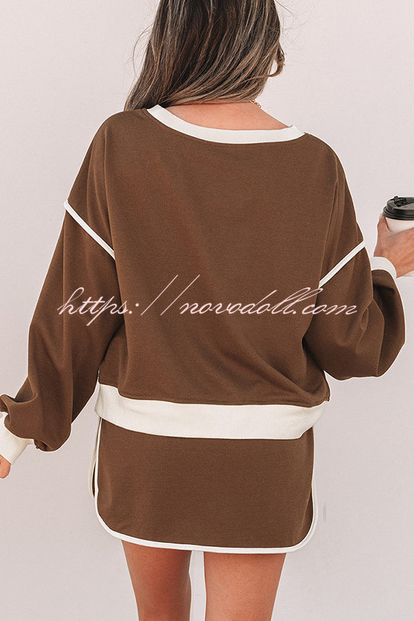 Fashion Round Neck Long Sleeve Spliced Casual Top and Elastic Waist Loose Shorts Set