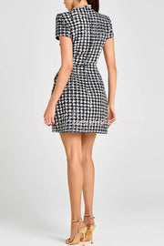Eve Check Bouclé-tweed Fabric Pearl Trim Short Sleeve Pocketed Mini Dress