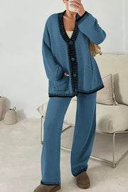 Fashion Casual Knitted Long Sleeve Pocket Cardigan and Elastic Waist Loose Wide Leg Pants Set