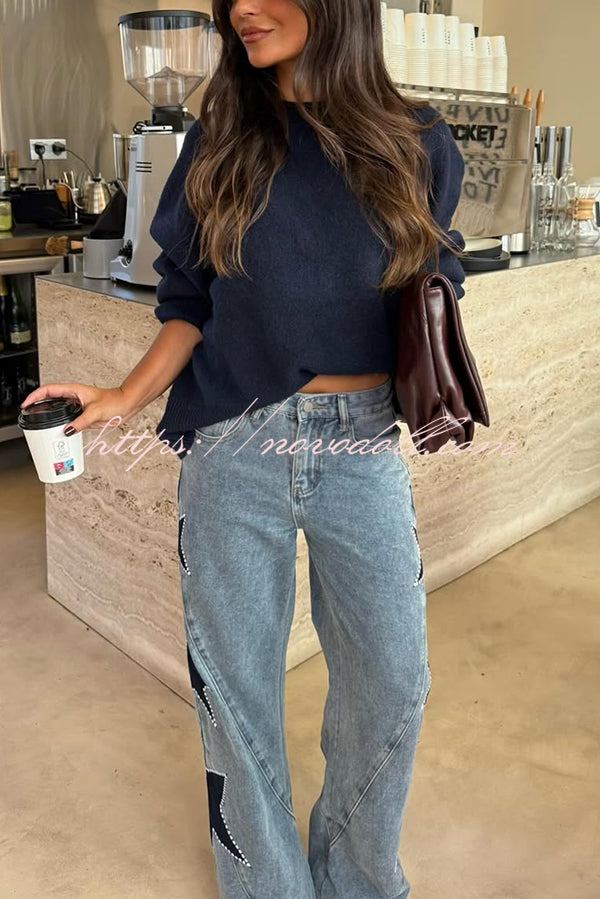 Jessy Denim Mid Rise Side Star Pattern Pocket Wide Leg Jeans