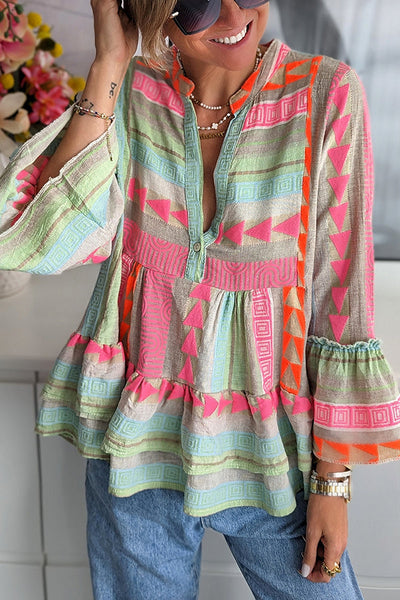 Phylis Linen Blend Colorful Ethnic Print Bell Sleeve Babydoll Blouse