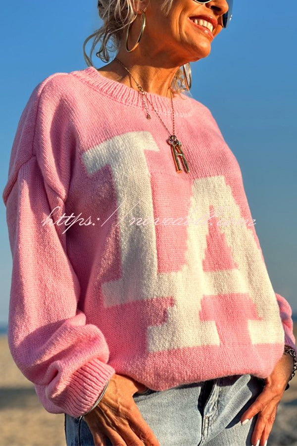 Letter Pattern Crew Neck Long Sleeve Loose Knit Sweater
