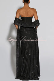 Paula Sequined Mesh and Jersey Off Shoulder Ruched Knot Drape Shawl Maxi Dress