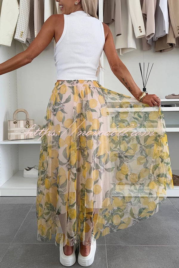 Summer Lemon Print Elastic Waist Tulle Holiday Midi Skirt