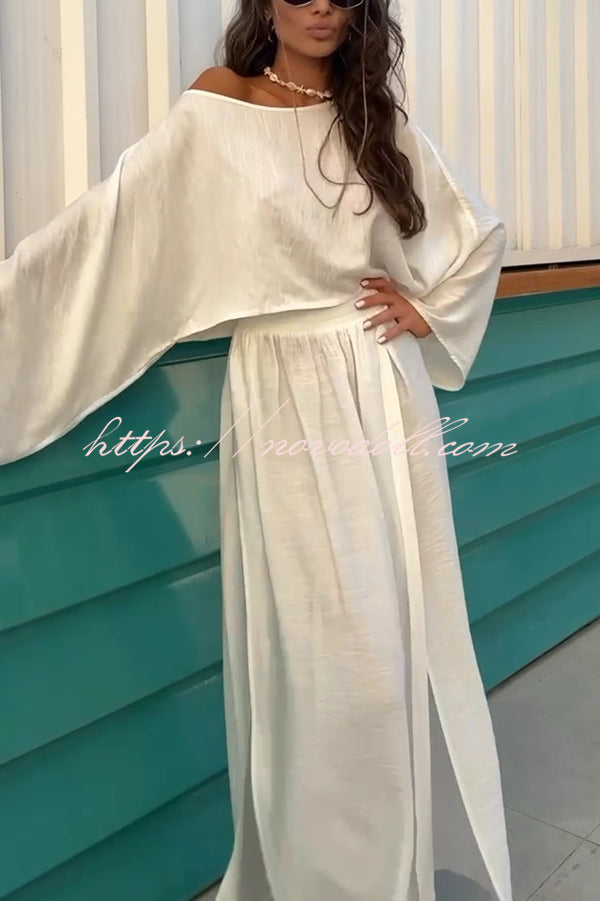 Seaside Leisure Linen Blend Solid Color Elastic Waist High Slit Maxi Skirt
