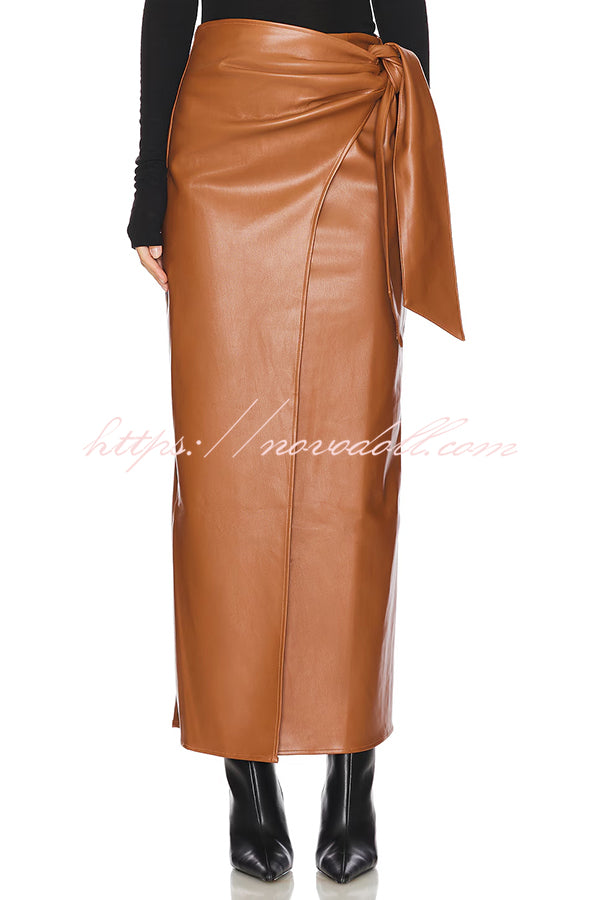 Snappy Casual Slay Faux Leather High Rise Wrap Tie-up Stretch Maxi Skirt