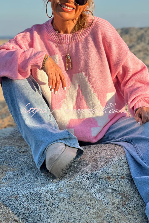 Letter Pattern Crew Neck Long Sleeve Loose Knit Sweater