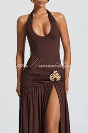 Solid Color Halter Neck Backless Slim Fit Pleated Slit Maxi Dress