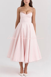 Fairytale Vibe Satin Patchwork Tulle Sweetheart Neck Pocket Stretch Midi Dress