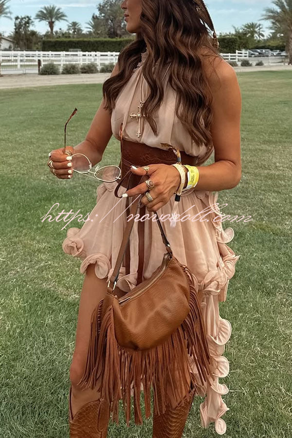 Romantic Drama Chiffon Wavy Ruffles Halter Irregular A-line Top