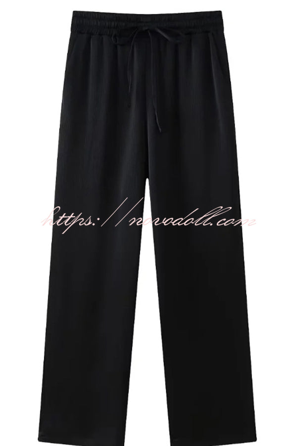 Fashionable Pleated Elastic Waist Tie Casual Pocket Wide-leg Pants