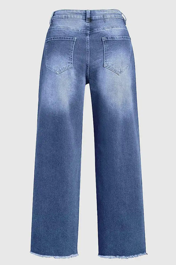 Stylish Raw-edge Mid-rise Pocket Stretch Straight-leg Jeans