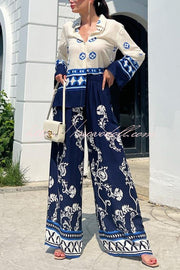 Unique Printed Lapel Long-sleeved Loose Top and Elastic Waist Casual Wide-leg Pants Set