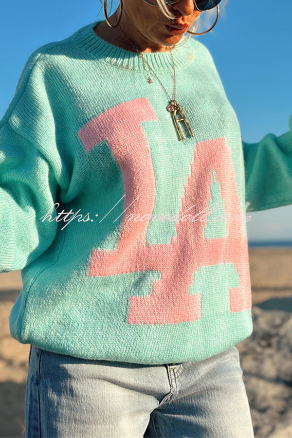 Letter Pattern Crew Neck Long Sleeve Loose Knit Sweater