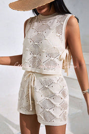 Solid Color Sleeveless Tie Knitted Vest and Loose Elastic Waist Drawstring Shorts Set