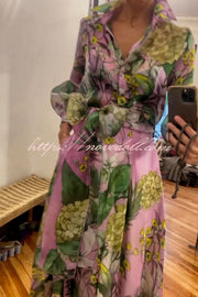 Seeds of Happiness Tulle Floral Print Balloon Sleeve Belt Blouse