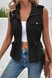 Fashionable Casual Zipper Drawstring Pocket Sleeveless Vest Jacket