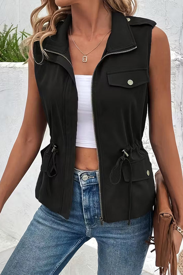 Fashionable Casual Zipper Drawstring Pocket Sleeveless Vest Jacket
