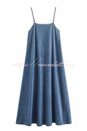 Tenaya Denim Back Elastic A-line Loose Slip Maxi Dress