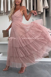 Romantic Movie Tulle Ruched Tiered Hem Slip Maxi Dress