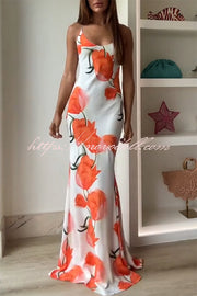 Charming Tulip Print Backless Crisscross Straps Flare Scarf Maxi Dress