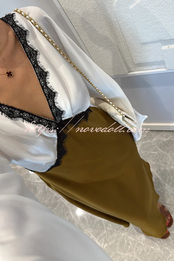 Lainei Contrast Color Satin Lace Trim V-neck Long Sleeve Maxi Dress