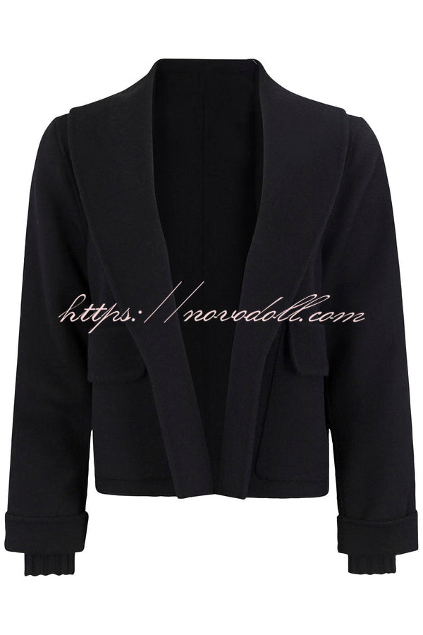 Comfortable Season Shawl Collar Open-front Long Sleeve Flap Pockets Crop Coat