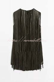 Modern Times Faux Leather Layered Tassel Design Sleeveless H-line Mini Dress