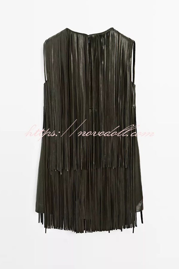 Modern Times Faux Leather Layered Tassel Design Sleeveless H-line Mini Dress