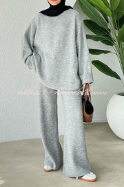 Solid Color Loose Long-sleeved Knit Top and Elastic Waist Casual Straight Leg Pants Set