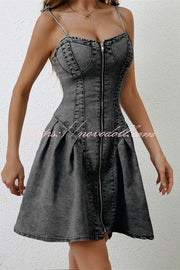 Fashionable Patchwork Suspender Zipper Slim Denim Mini Dress