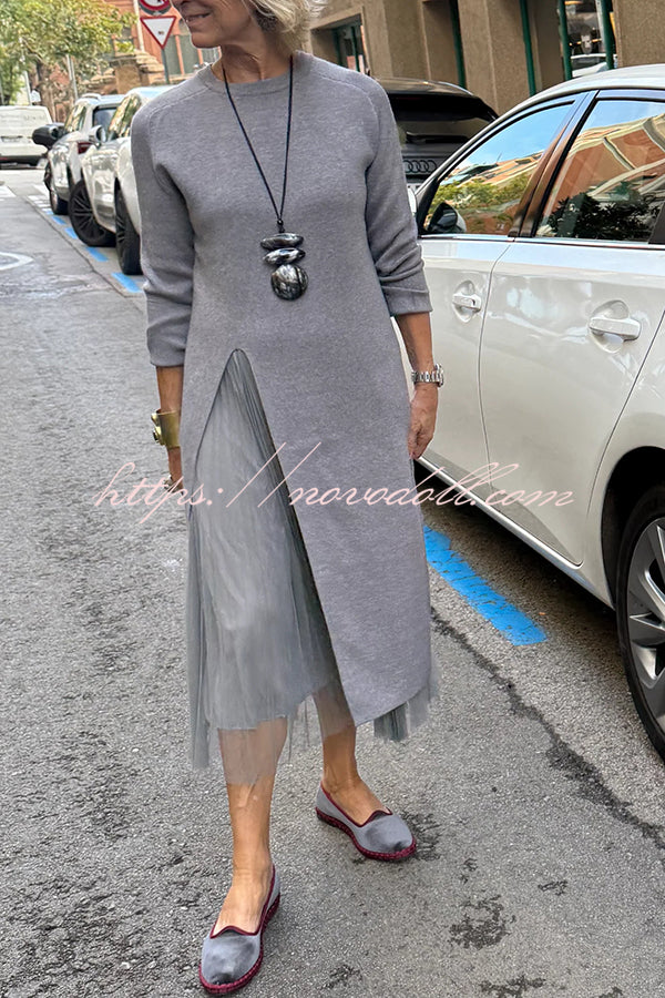 Jollie Knit Long Sleeve Front Slit Midi Sweater and Pleated Tulle Stretch Tank Midi Dress Two-piece Set