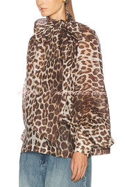 Arianne Chiffon Leopard Print Bow Neck Long Balloon Sleeve Loose Blouse