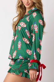 Christmas Fashion Printed Bow Tie Top and Elastic Waist Ruffle Shorts Set