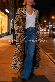 Leopard Print Long Sleeve Pocket Casual Maxi Trench Coat