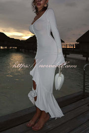 Solid Color Long Sleeve Sexy Slim Fit Ruffled Midi Dress