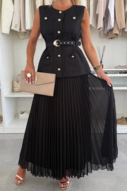 Relaxed and Elegant Pleated Tulle Side Zipper A-line Maxi Skirt