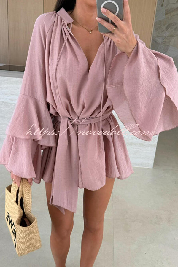 Molly Linen Blend Tiered Bell Sleeve Tie-up Cover-up Mini Dress