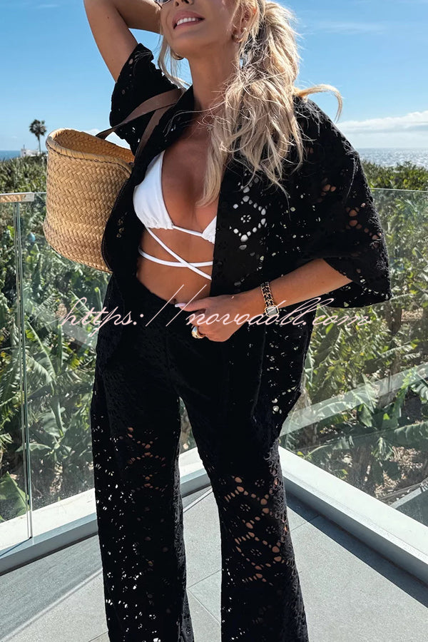 Holiday Crochet Flowers Lace Short Sleeve Shirt and Elastic Waist Wide Leg Pants Set