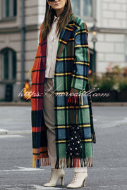 Fashionable Color-block Plaid Print Lapel Long-sleeved Casual Long Coat