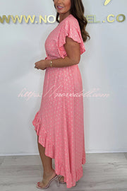 Resort Style V-neck Ruffle Sleeves Waist Tie Irregular Midi Dress