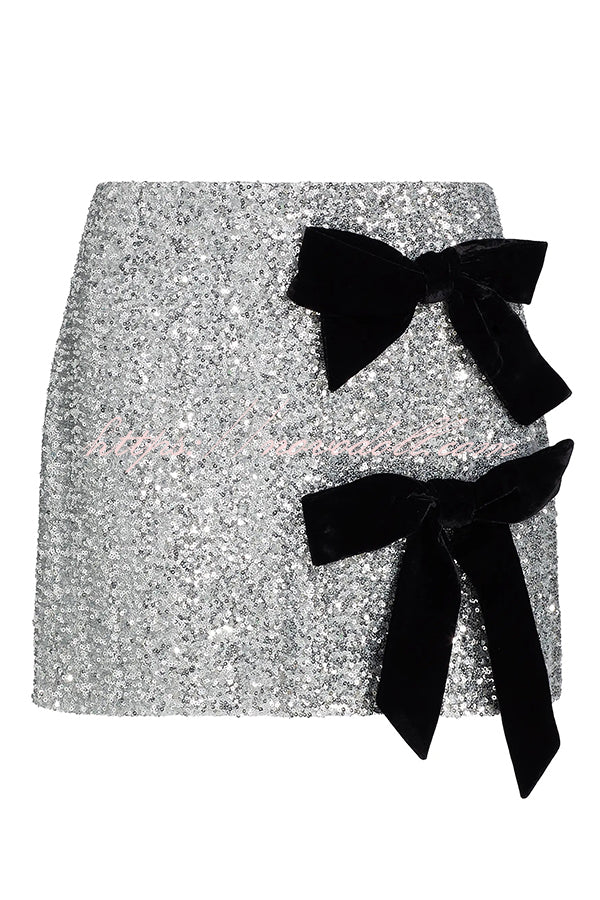 Holiday Party Sequin Velvet Bow Detail High Rise Stretch Mini Skirt