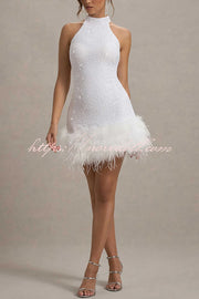 Dazzling and Playful Sequin High Neck Feather Trim Stretch Mini Dress