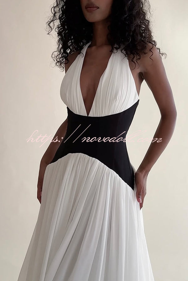 Fashionable Color Matching Sexy Halter Neck Waist Maxi Dress