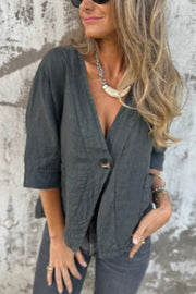 Linen Blend Solid Color Loose V-neck Button-down Casual Top